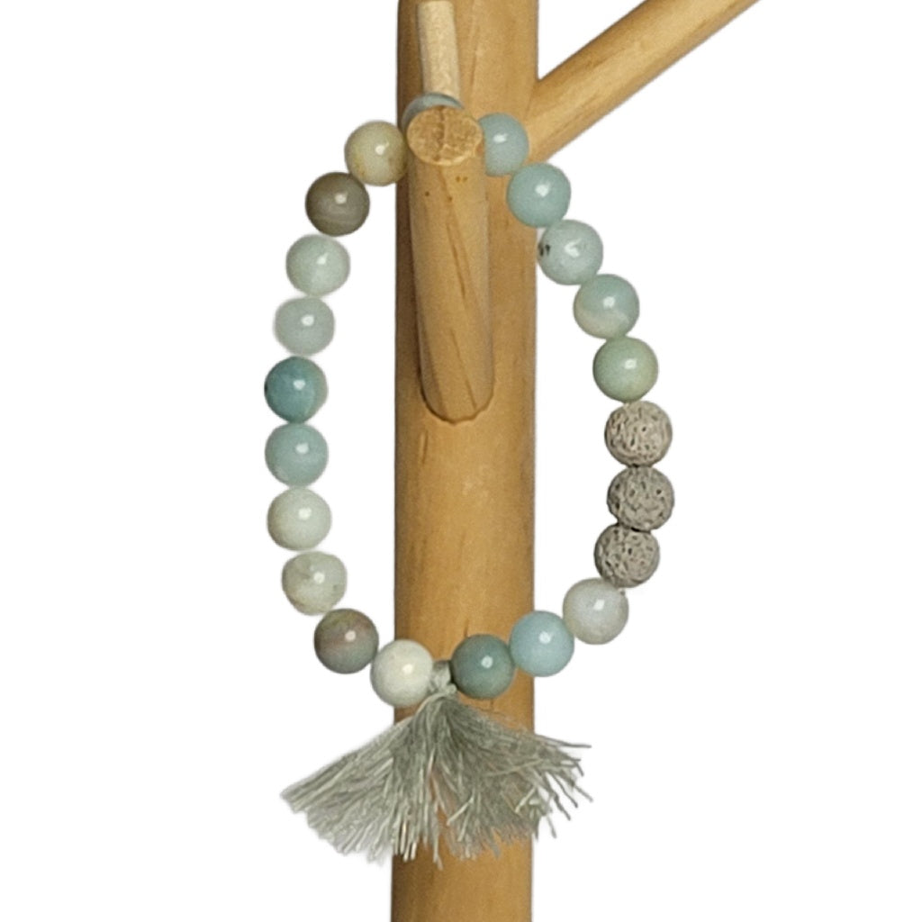 Amazonite with Blue Green Frosted Crystal and Lava Aromatherapy Bracelet