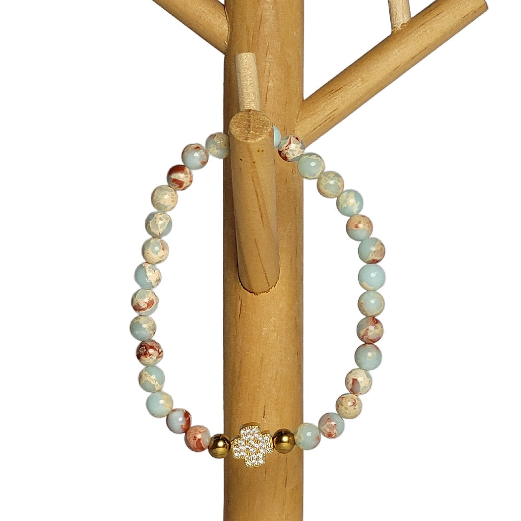 Amazonite Beaded with Gold Cross Pendant Bracelet