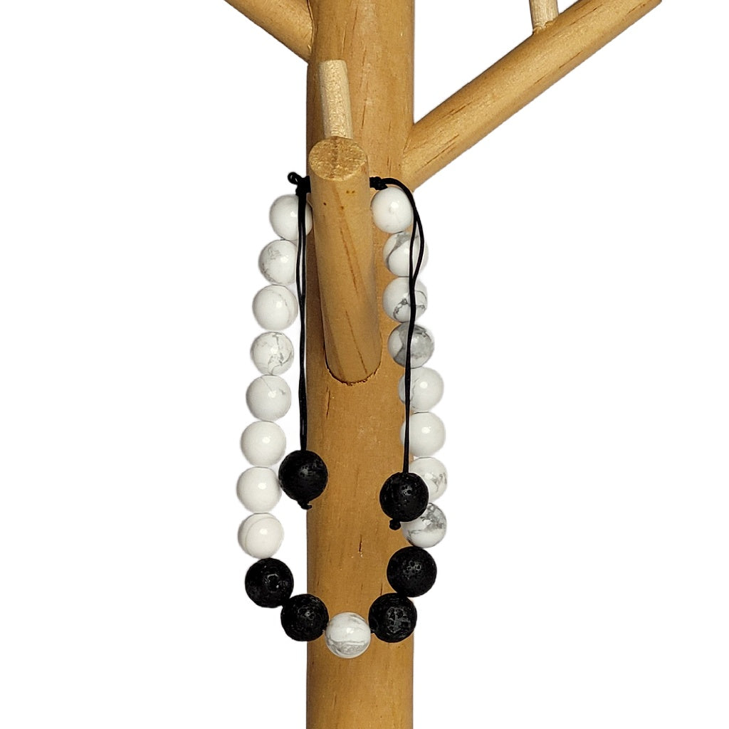 White Howlite with Black Lava Adjustable Bracelet